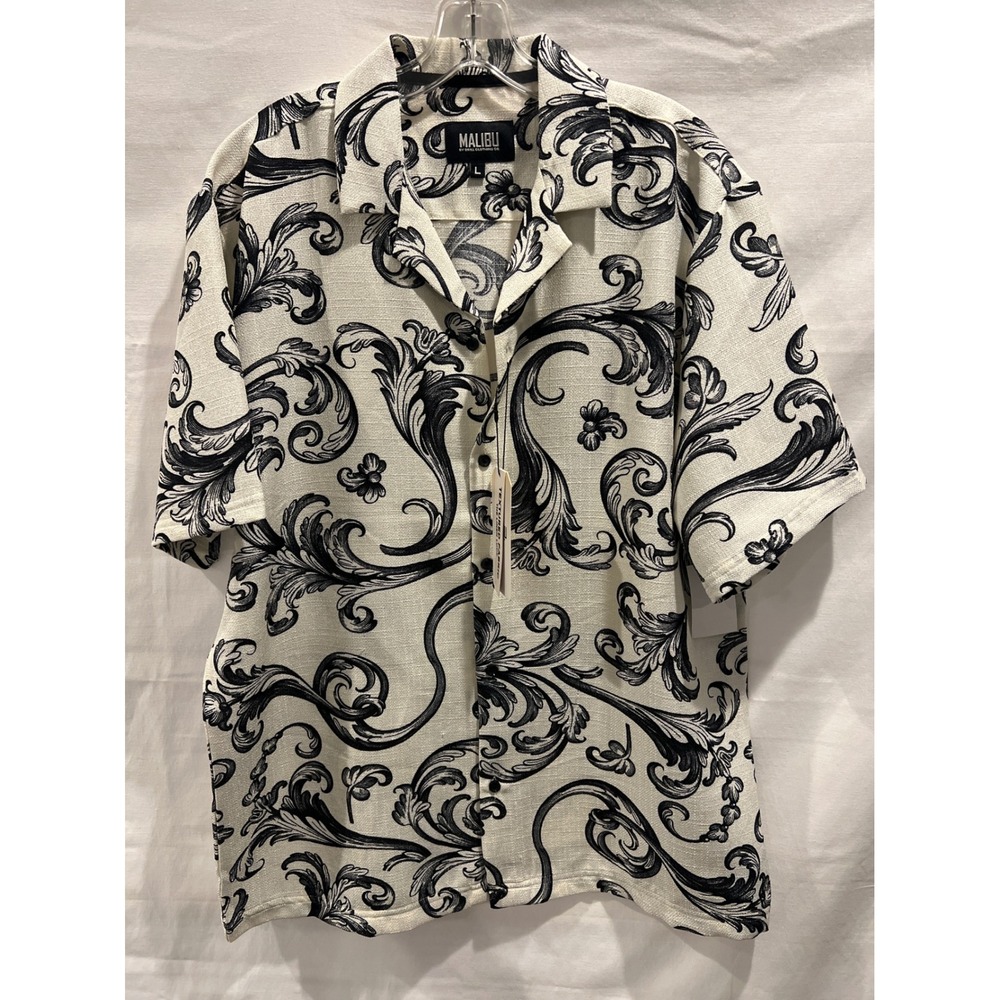 Malibu by Drill Clothing Co Mens Baroque Scroll Print Shirt Ecru Black Sz L